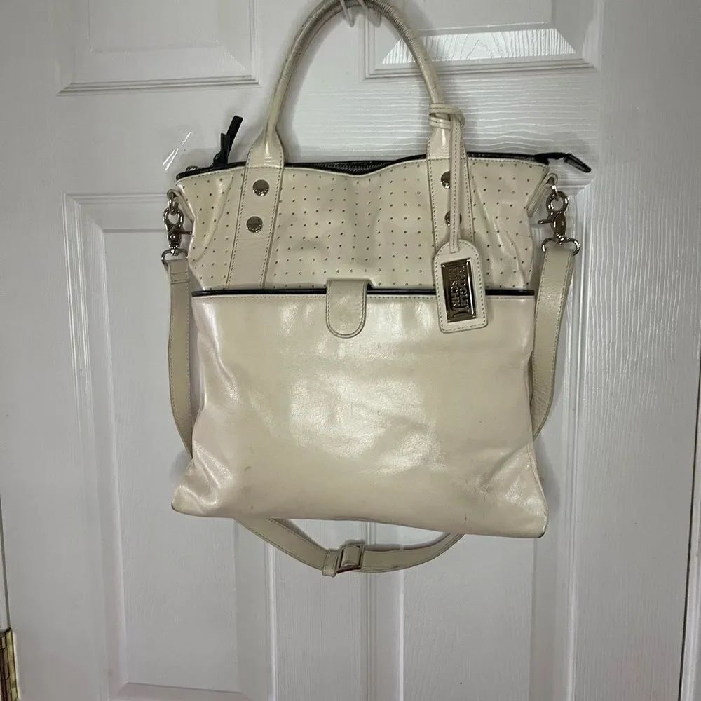 Badgley Mischka leather beige tote /shoulder bag with black trims
